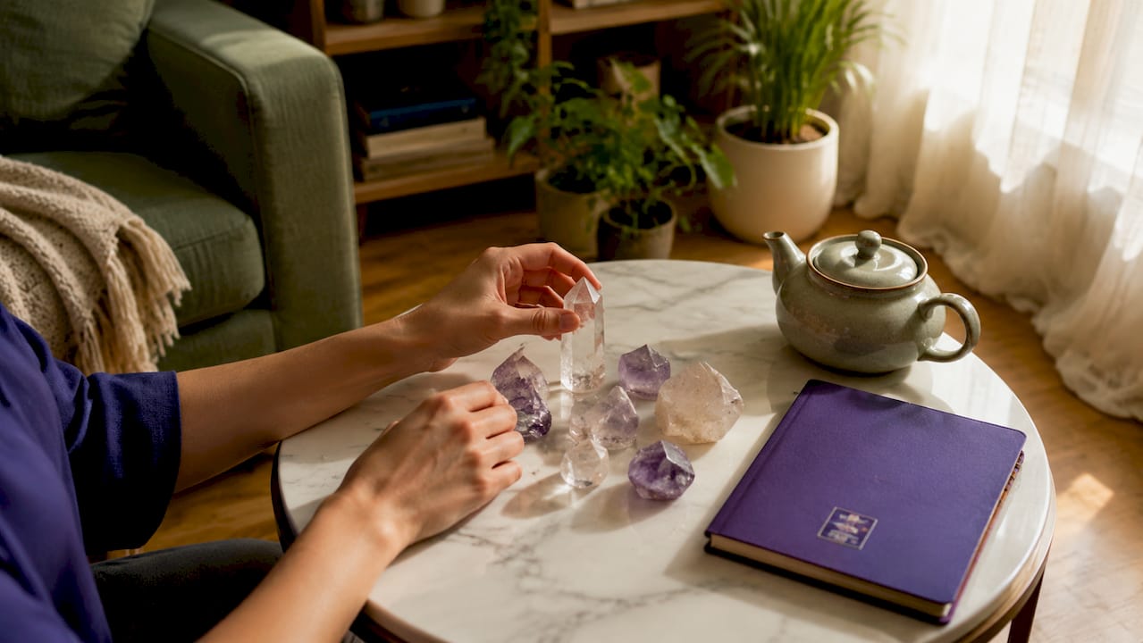 Crystal Decor Styles by Room: Your Modern Home Guide Hands arranging crystals on coffee table