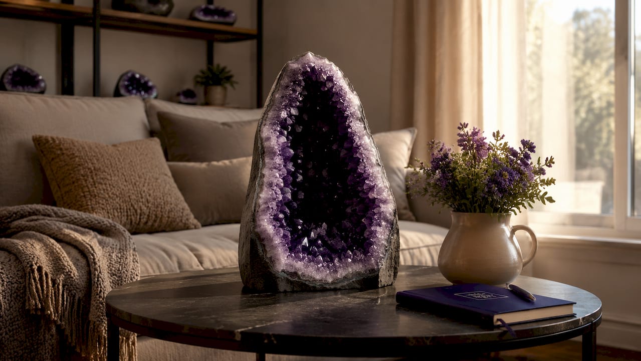 Crystal Decor Styles by Room: Your Modern Home Guide Living room with large amethyst geode centerpiece
