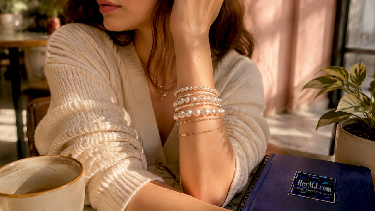 How to Stack Pearl Bracelets the Modern Way Close-up of stacked pearl bracelets on wrist