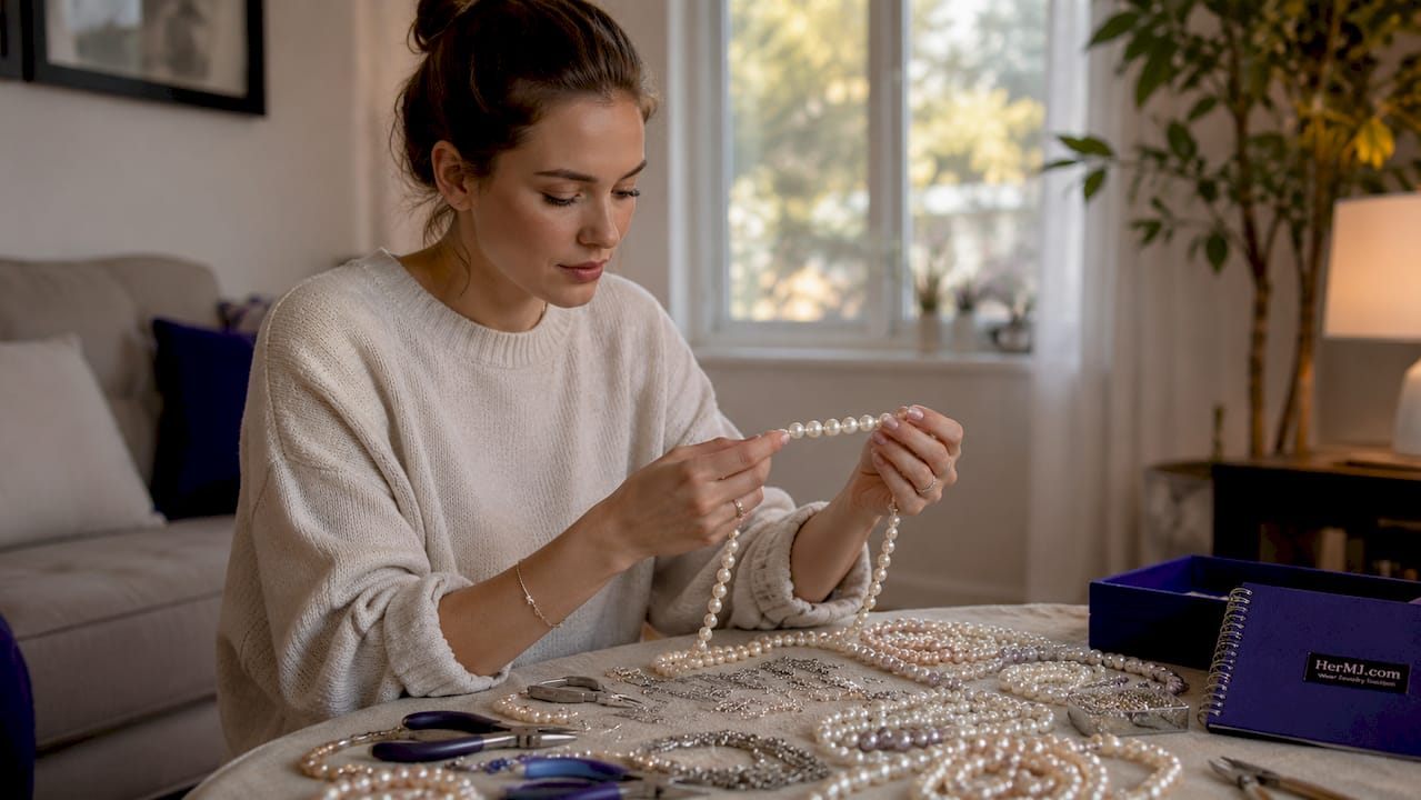 How to Stack Pearl Bracelets the Modern Way Jewelry designer inspecting pearl strands