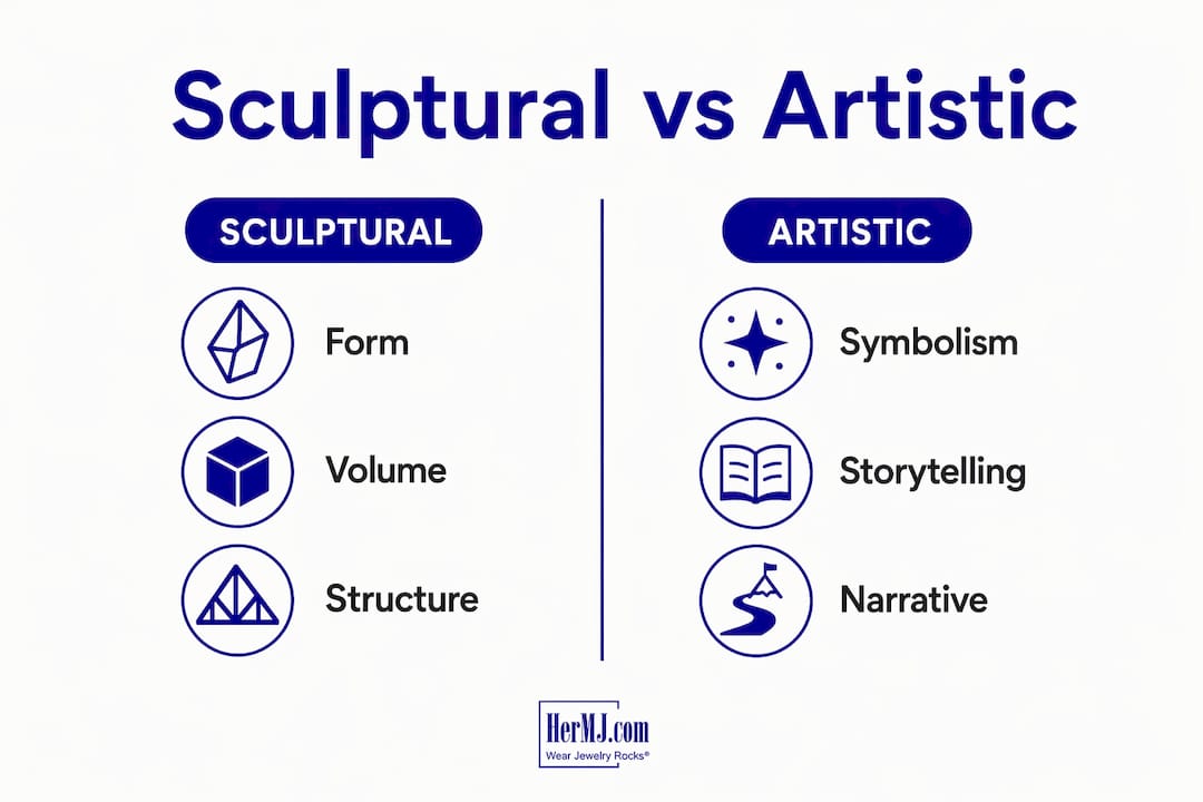 What Is Sculptural Jewelry? Styles, Trends, and Tips Infographic comparing sculptural and artistic jewelry