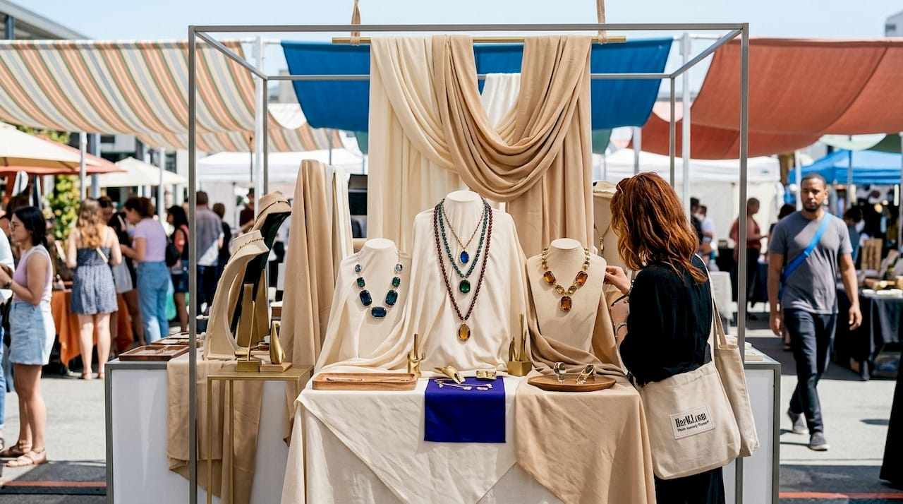 What Is Oversized Gemstone Jewelry: Bold Style Guide a woman admiring an oversized gemstone jewelry showcase