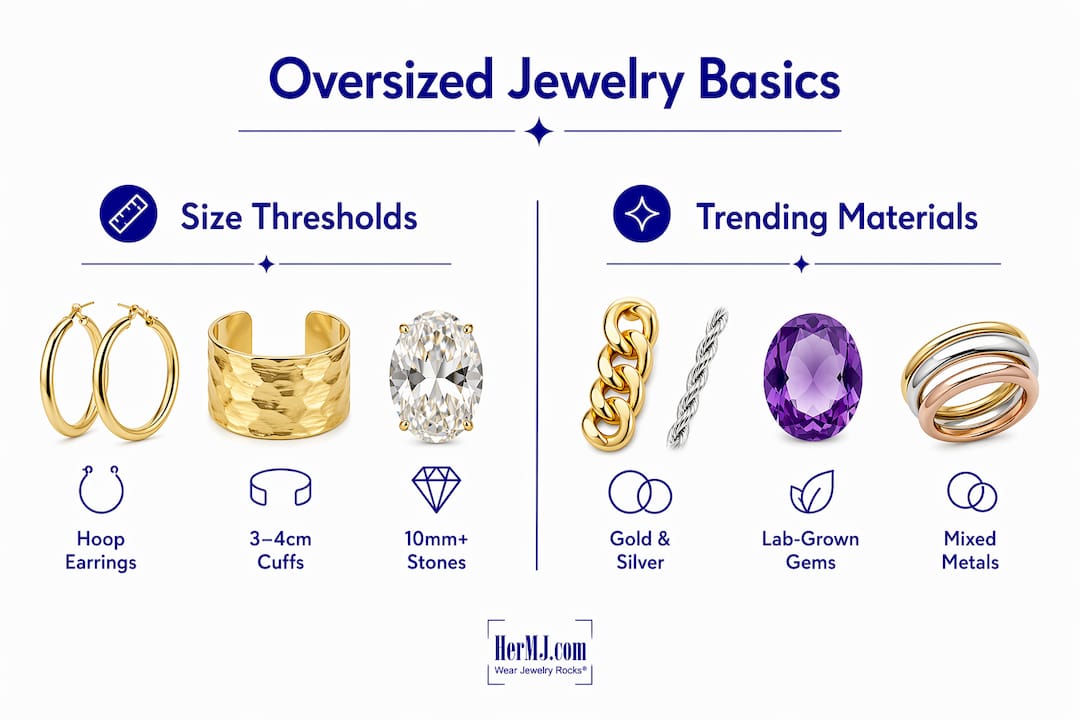 What Is Oversized Gemstone Jewelry: Bold Style Guide Infographic showing oversized gemstone jewelry sizes and materials