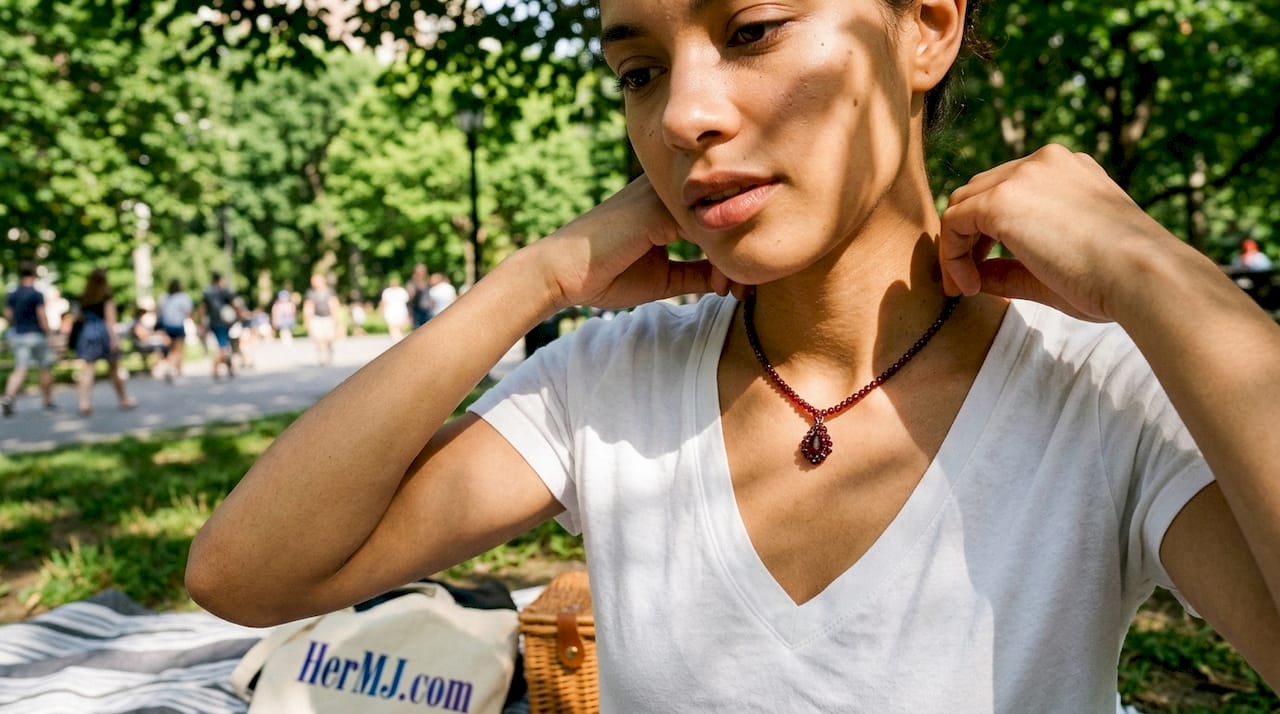 How to Pair Gemstone Pendants with Casual Necklines Woman trying gemstone pendant with V-neck top