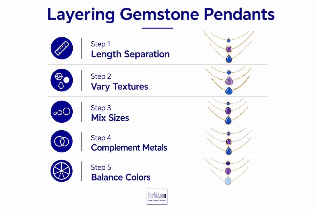How to Pair Gemstone Pendants with Casual Necklines Infographic illustrating layering gemstone pendant necklace steps