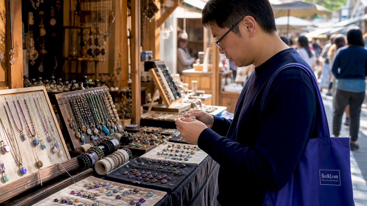 Shop Handmade Jewelry Holiday Sales: Your Gift Guide Man browsing handmade jewelry sales on tablet at home