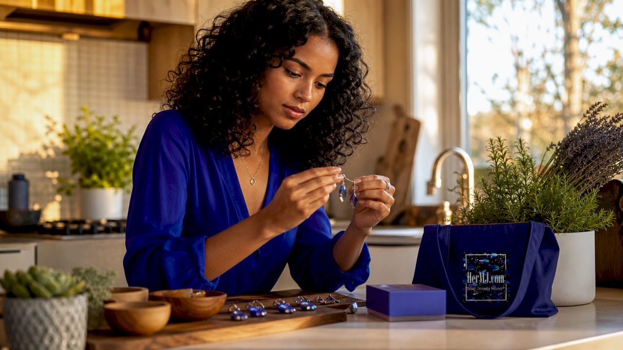 Shop Handmade Jewelry Holiday Sales: Your Gift Guide Woman examining handmade gemstone earrings at craft table