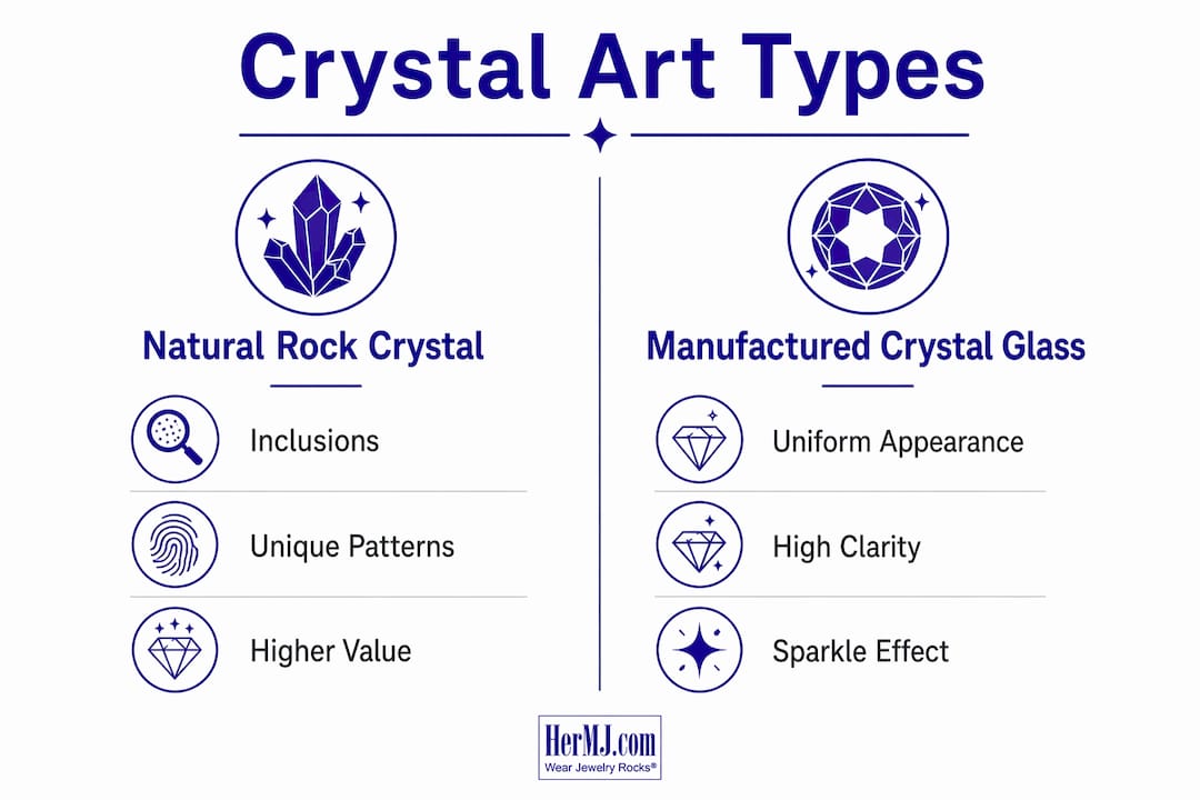 Why Crystals Are Used as Art Pieces: A Complete Guide Infographic comparing natural rock crystal and manufactured crystal