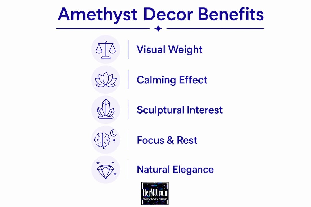 Amethyst Cluster Decor: What It Is and How to Use It Infographic showing key benefits of amethyst decor