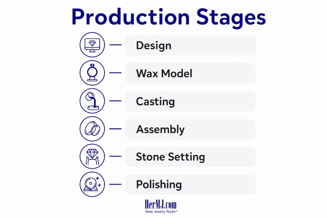 Why Handmade Jewelry Takes Longer: Craftsmanship Explained Infographic showing handmade jewelry six production stages