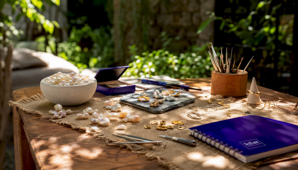 What Is Asymmetrical Jewelry Design? A Style Guide Jewelry materials on artisan workbench flat lay