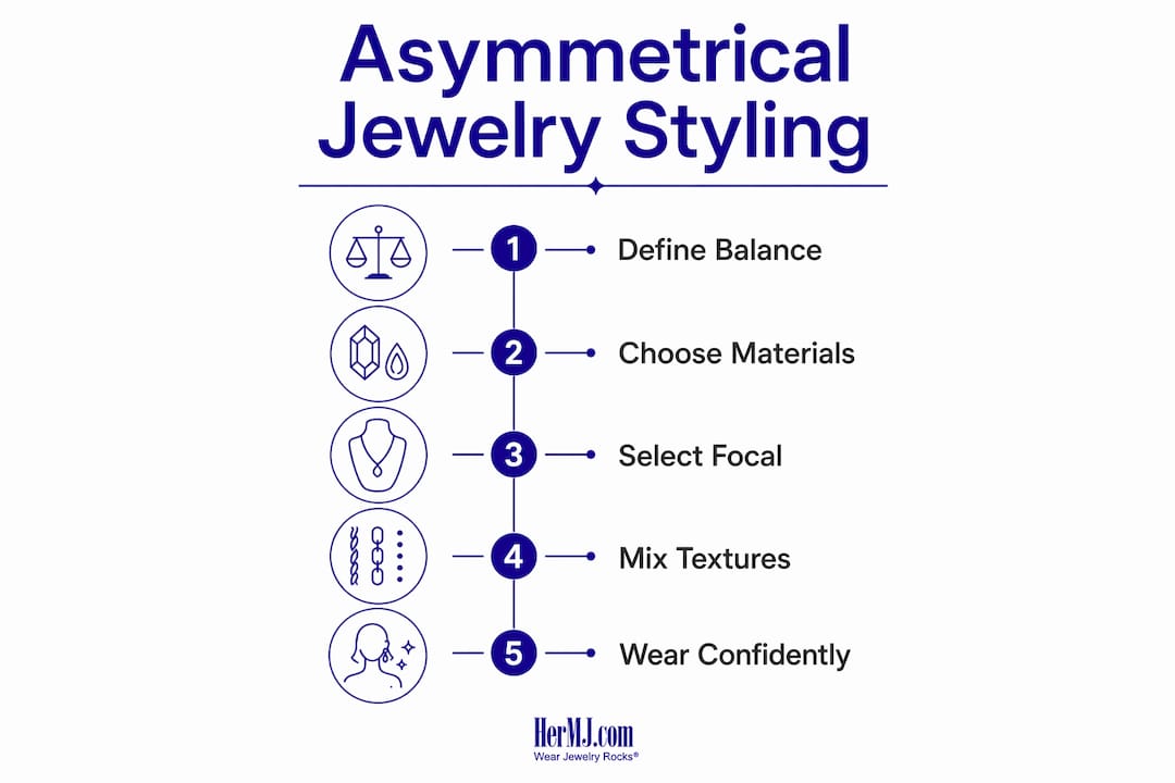 What Is Asymmetrical Jewelry Design? A Style Guide Infographic displaying steps in asymmetrical jewelry styling process