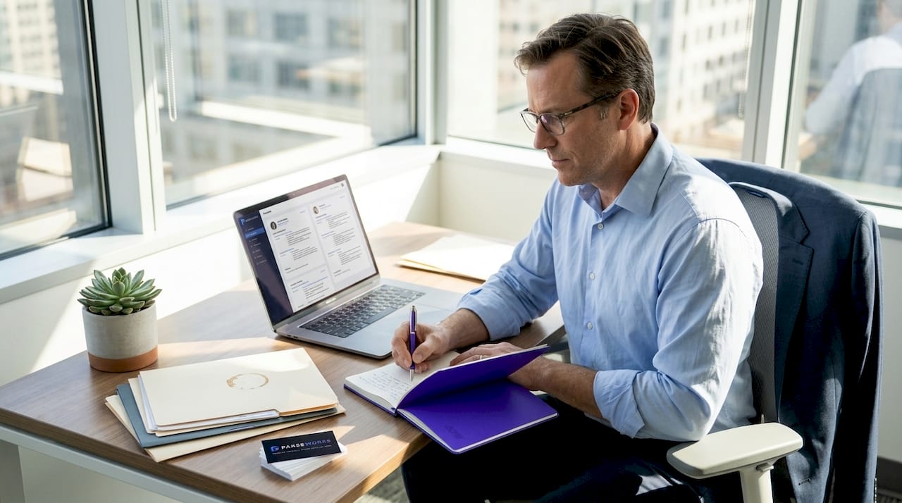 Recruiter viewing resumes in sunlit corner office