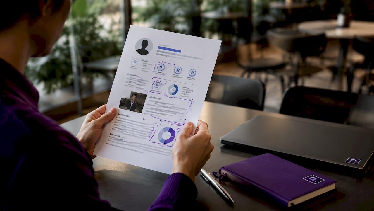 Close-up hands inspecting graphics on printed resume