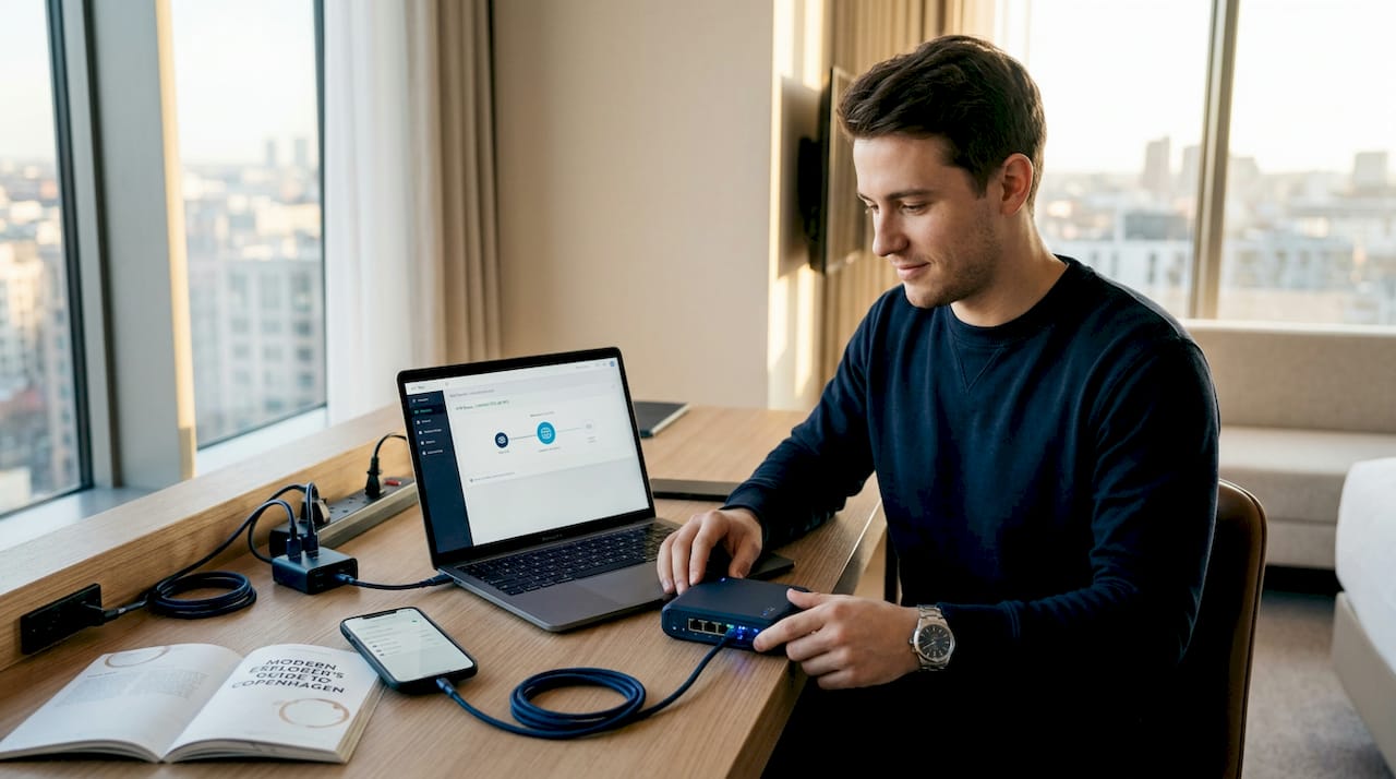 Man sets up VPN router with laptop and devices