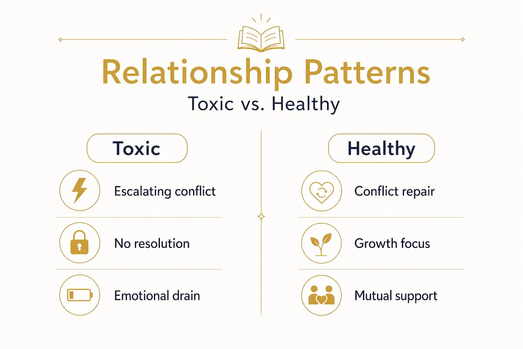 Infographic comparing toxic and healthy relationship patterns