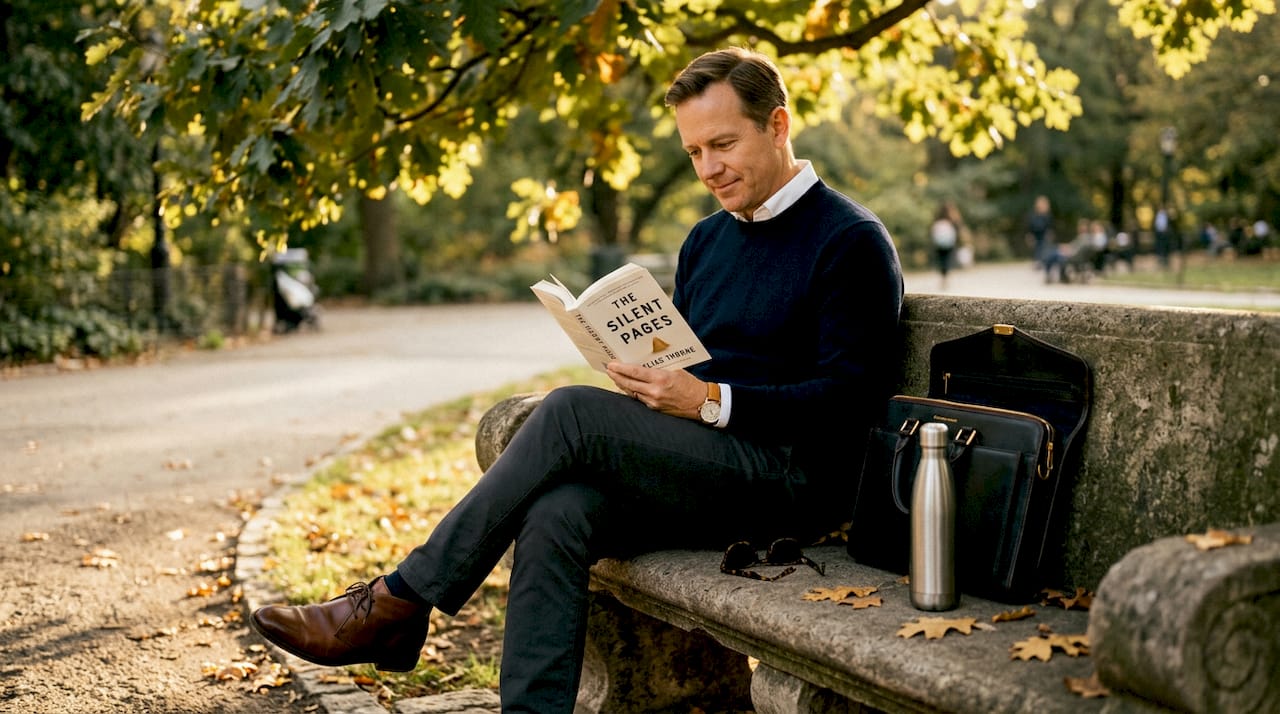 Man reading paperback on park bench