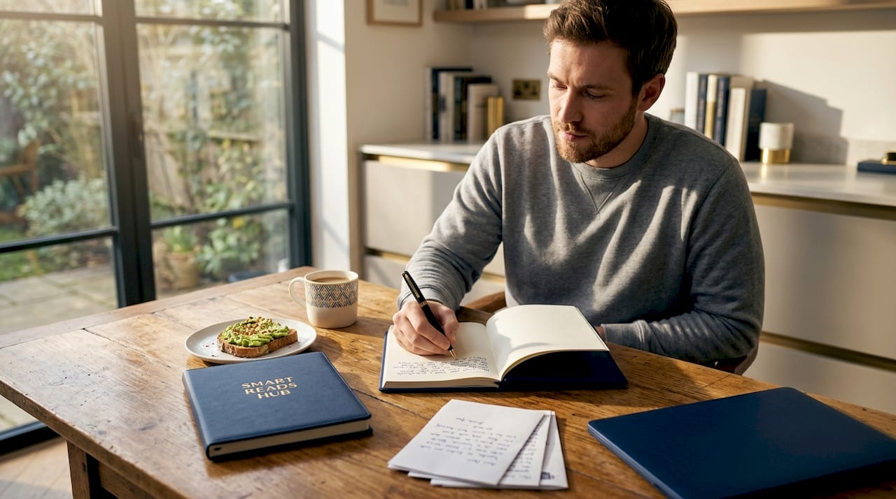 Man journaling at breakfast table in kitchen