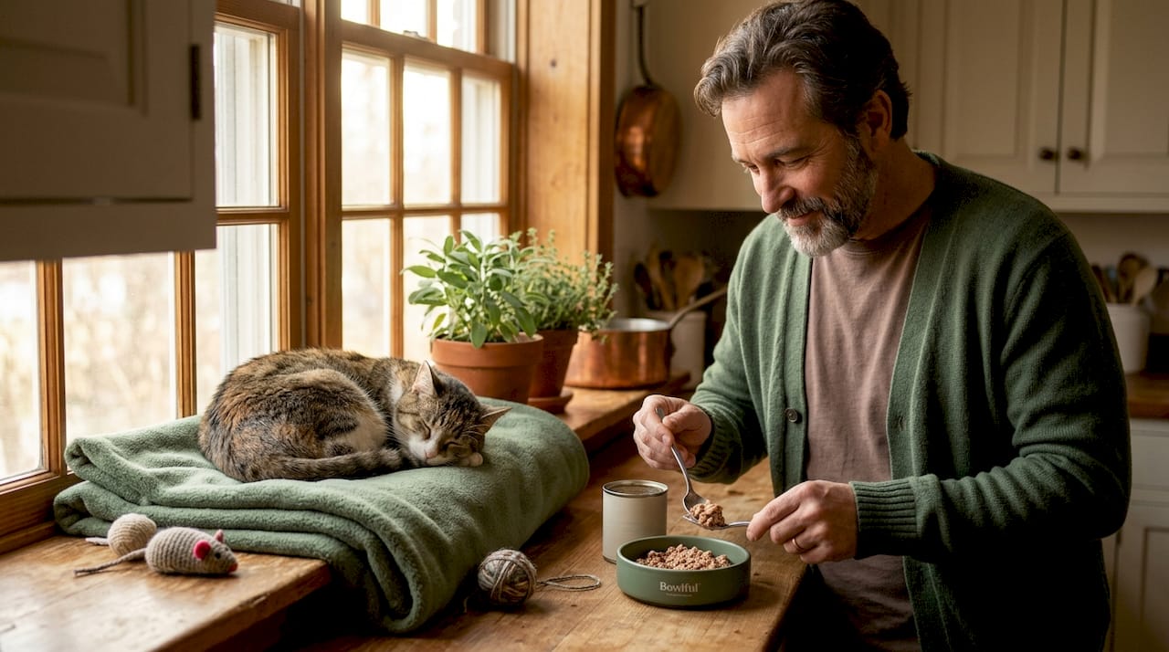 Man prepares food for elderly cat in sunlit room
