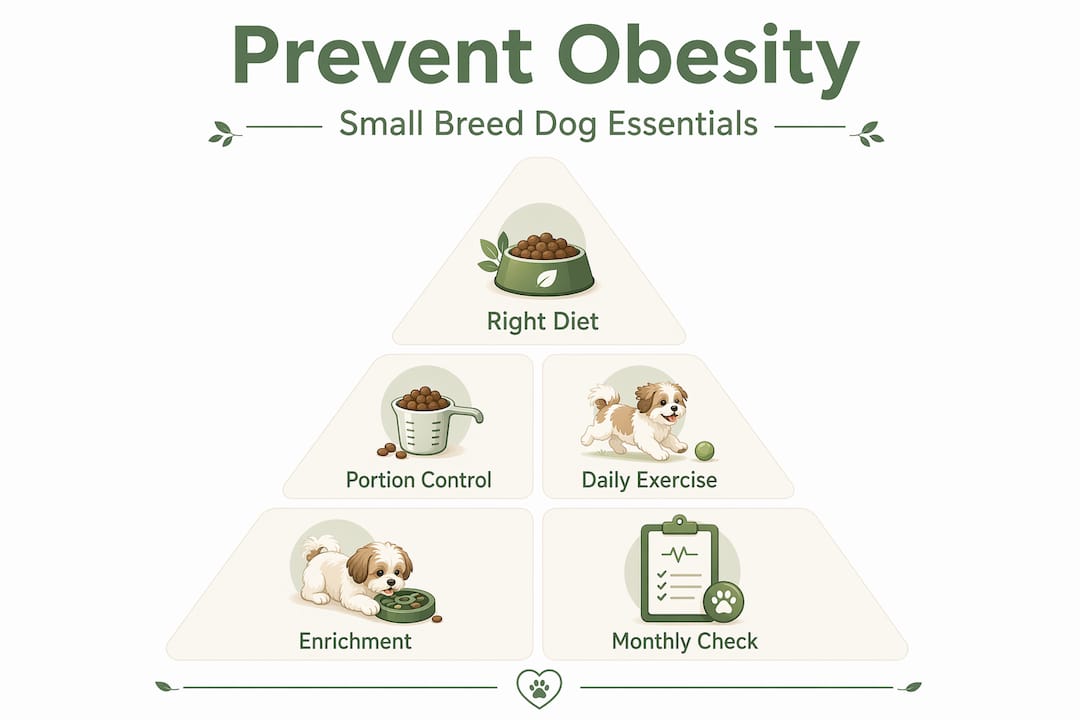 Hierarchy infographic: essentials for small dog obesity prevention