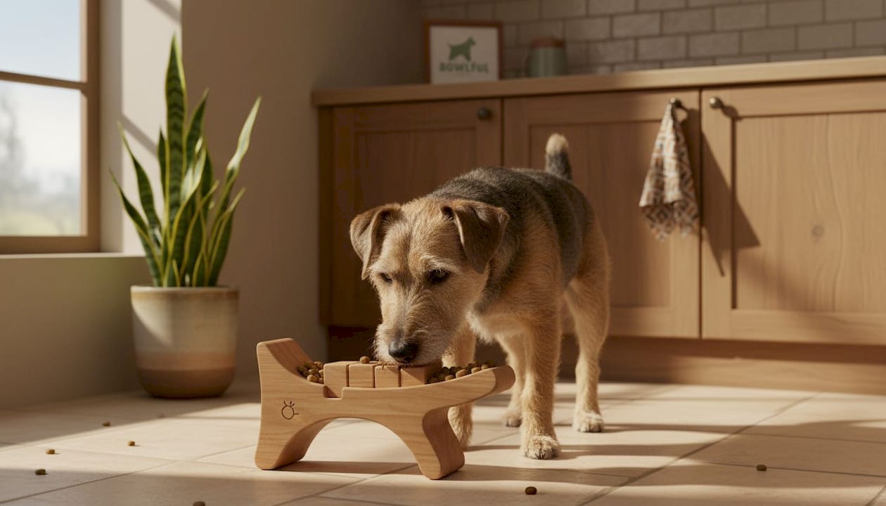 Small dog working to get kibble from puzzle feeder