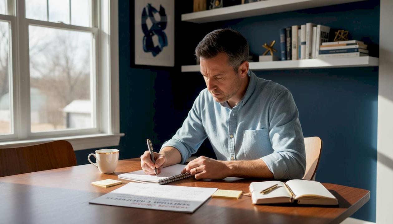 Man writing in divorce recovery workbook