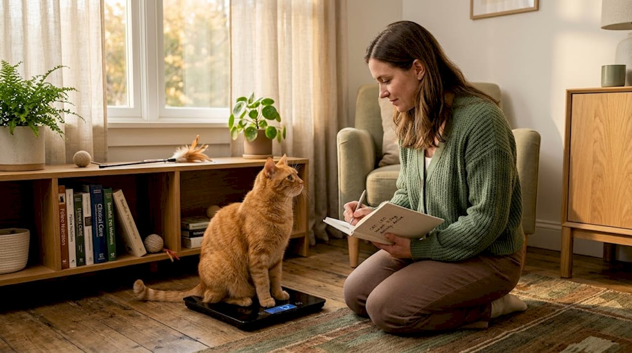 Cat weighed by owner in living room setting