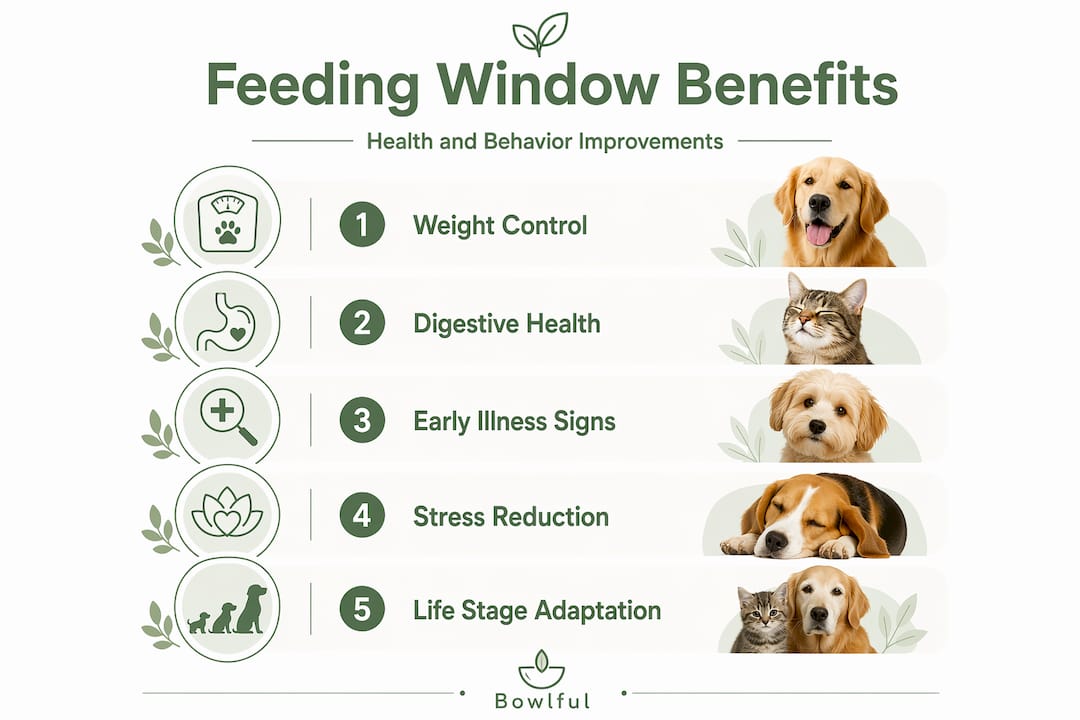 Infographic showing five cat feeding schedule benefits