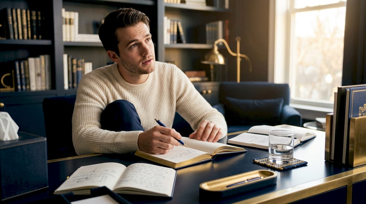 Man journaling at kitchen table with notebooks