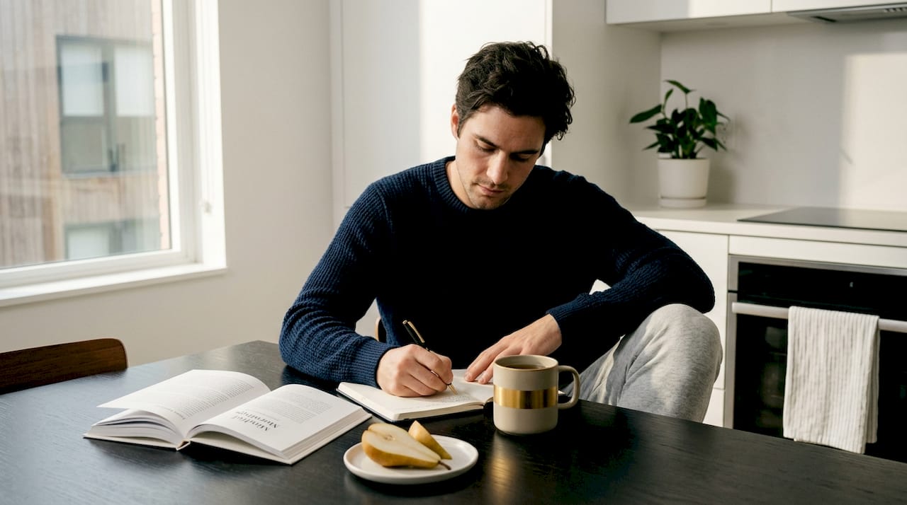 Man journaling at sunlit kitchen table