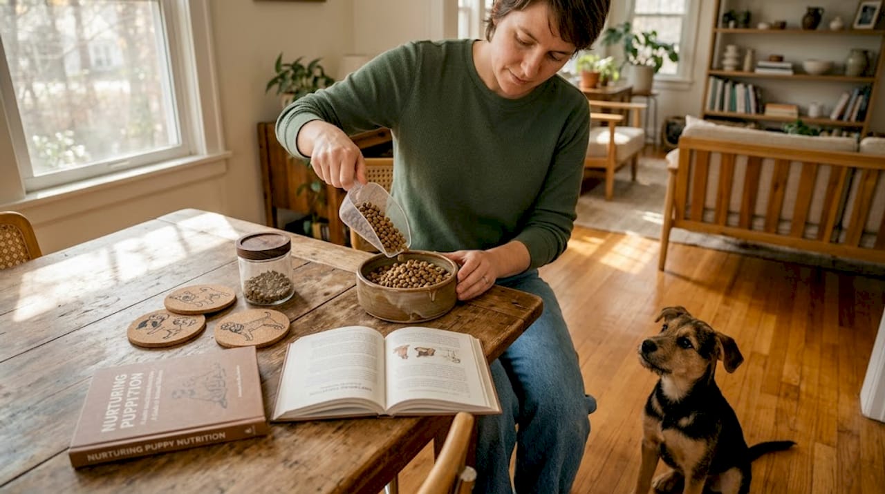 Person portioning puppy food with nutrition guide