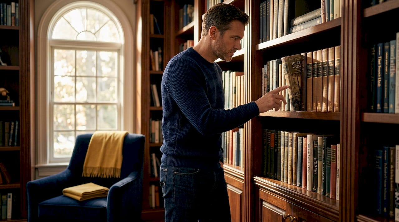 Man browsing unfamiliar books in library aisle