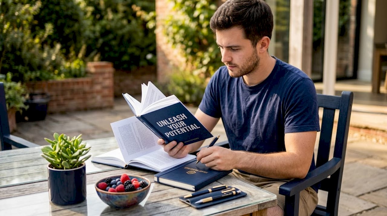 Man journaling while reading for healing