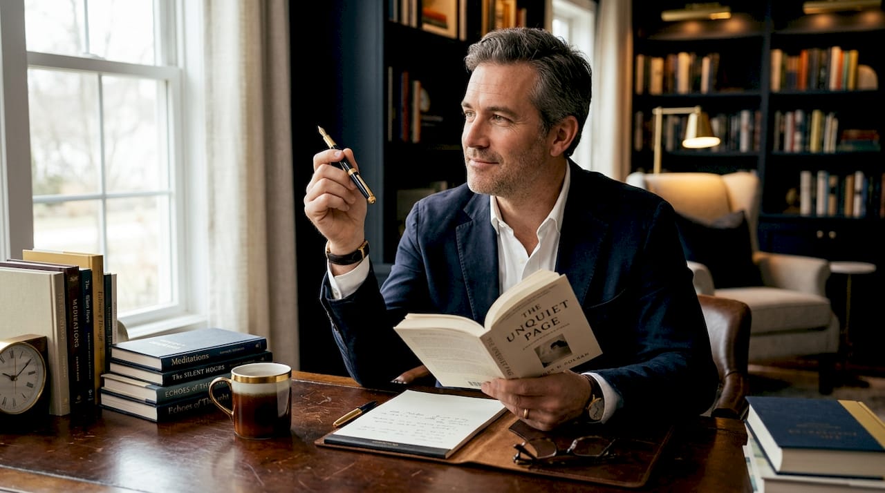 Person distractedly reading in quiet kitchen
