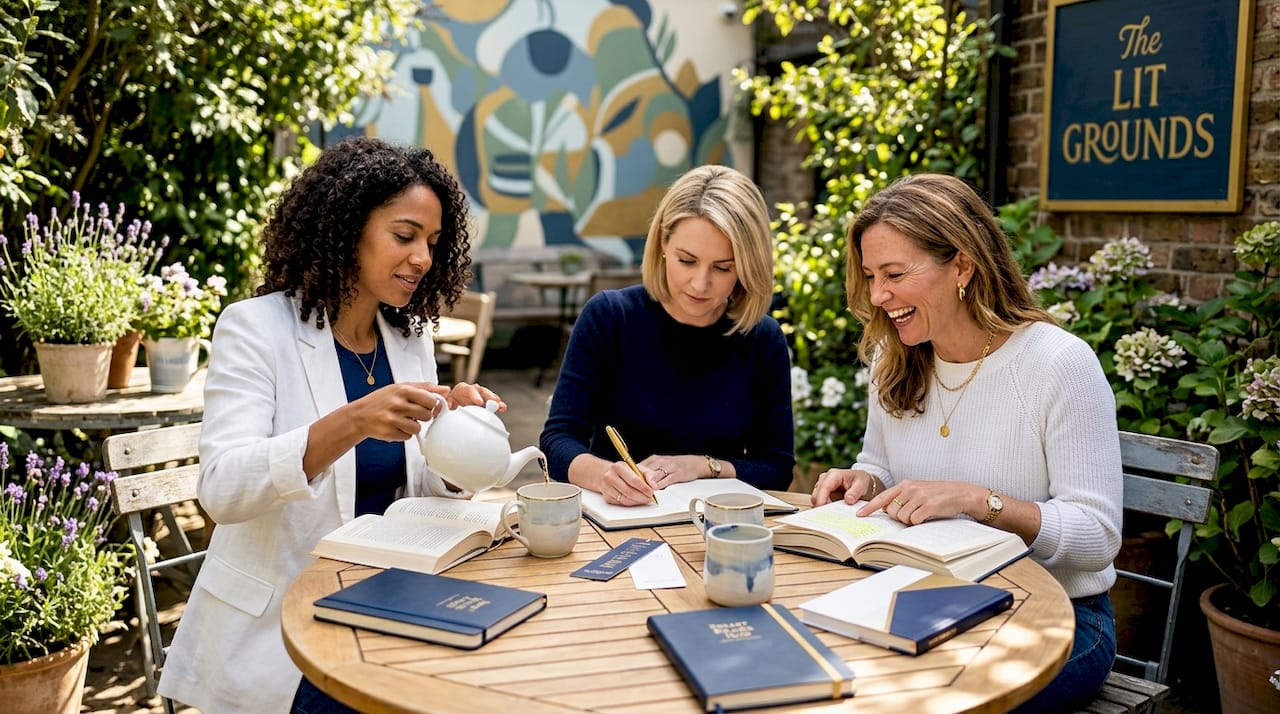 Women discussing books at a café table