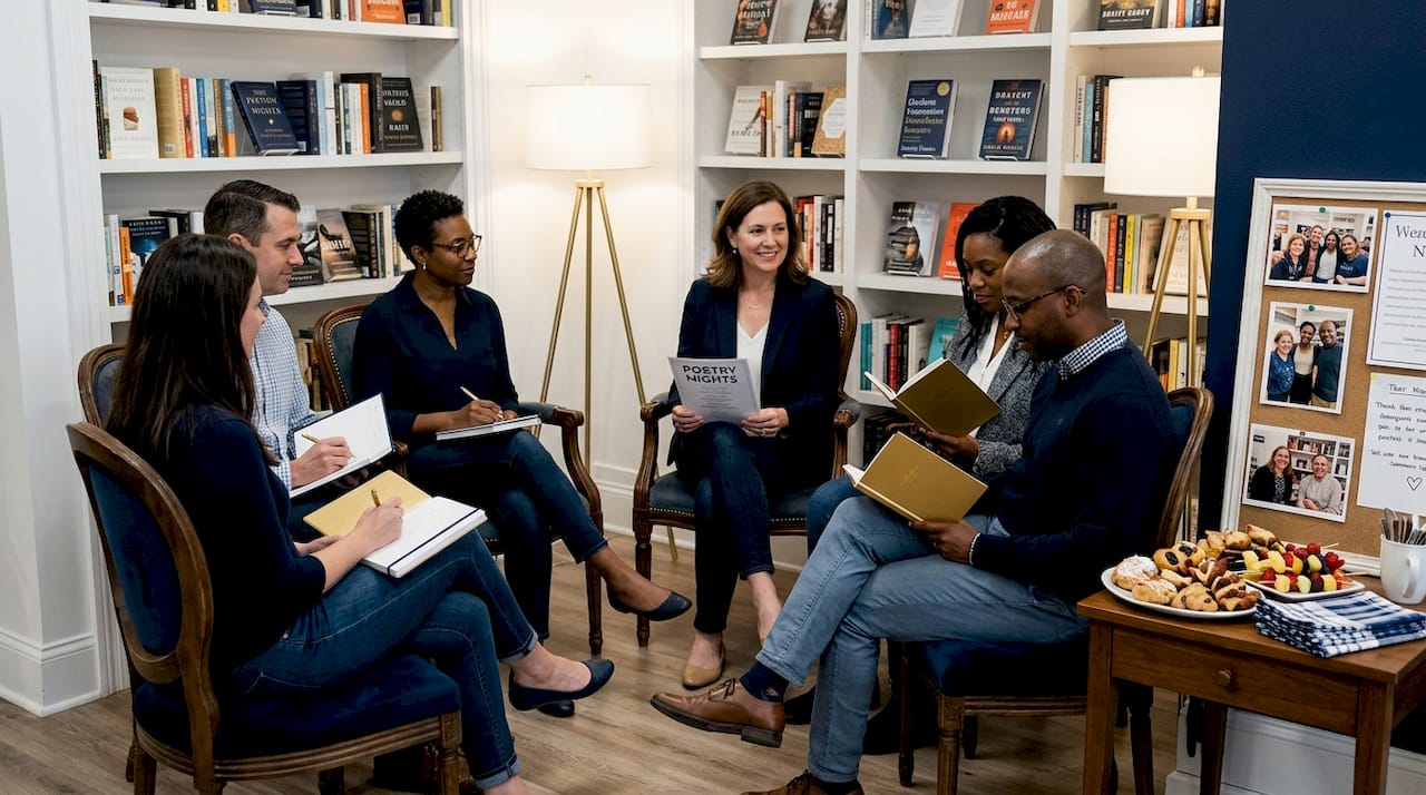 Bookstore poetry reading group in event space