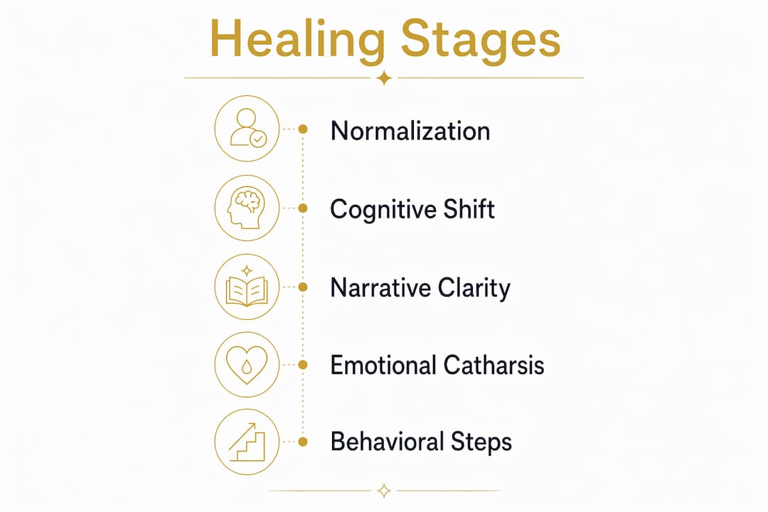 Infographic illustrating stages of healing through breakup books
