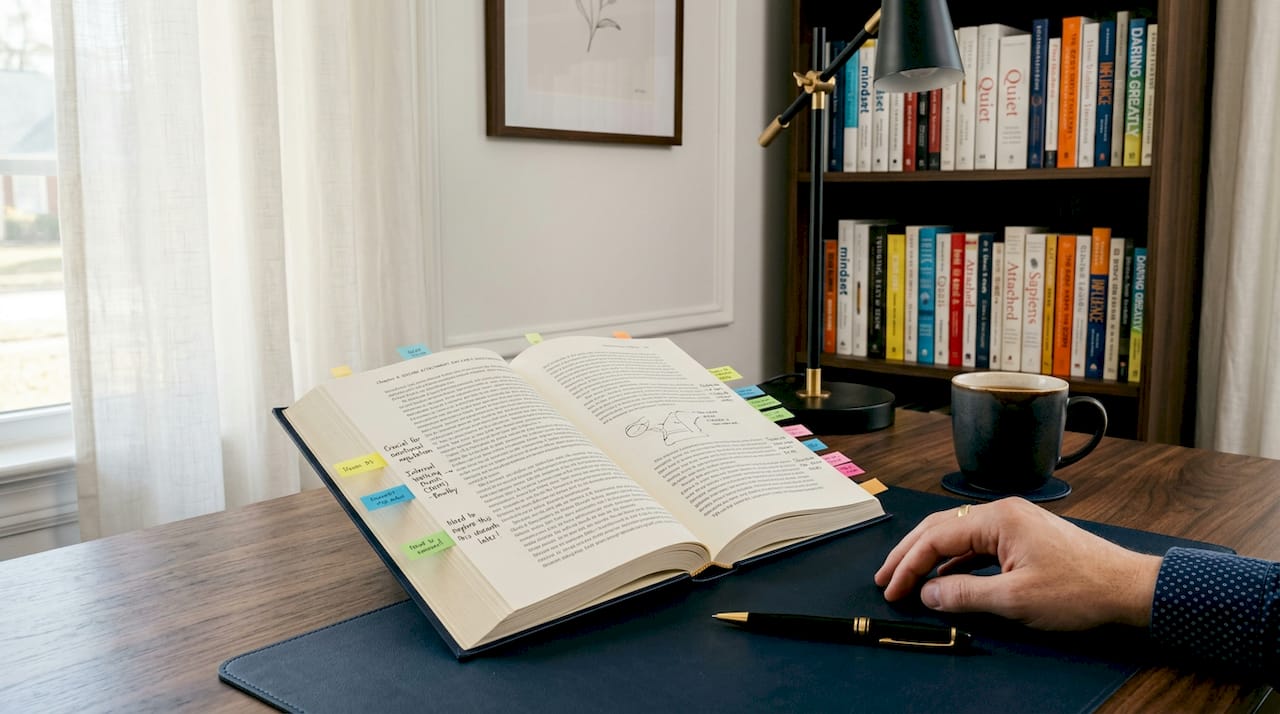 Open attachment theory book with notes on desk