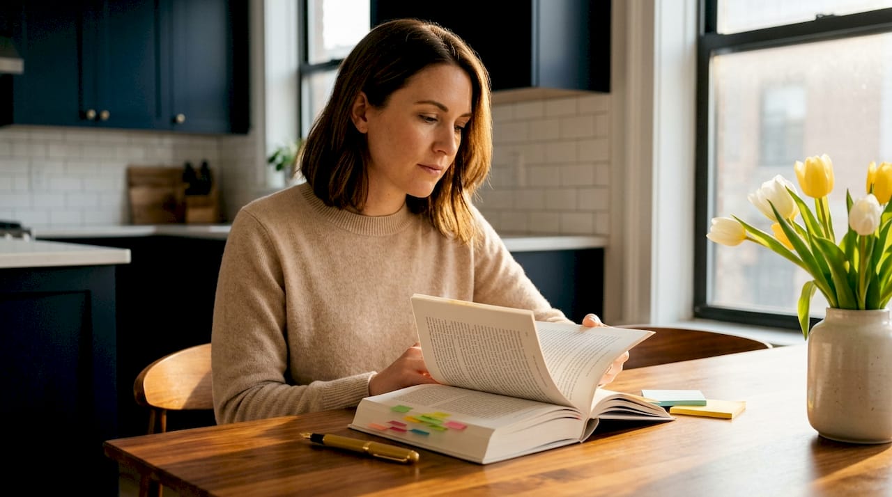 Woman reading book on women’s mental health at kitchen table