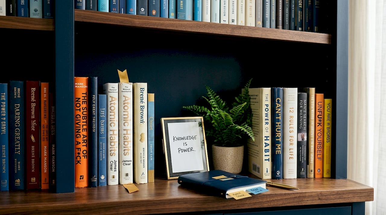 Bookshelf with self-help and recovery books