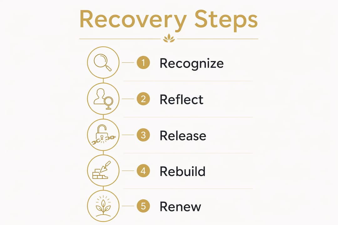 Infographic illustrating five key steps of emotional recovery after breakup
