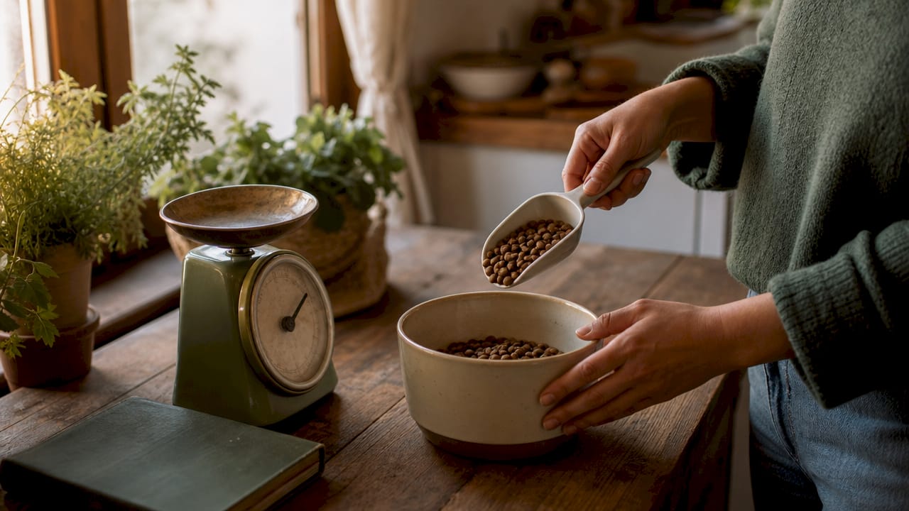 Hands measuring precise pet food portion