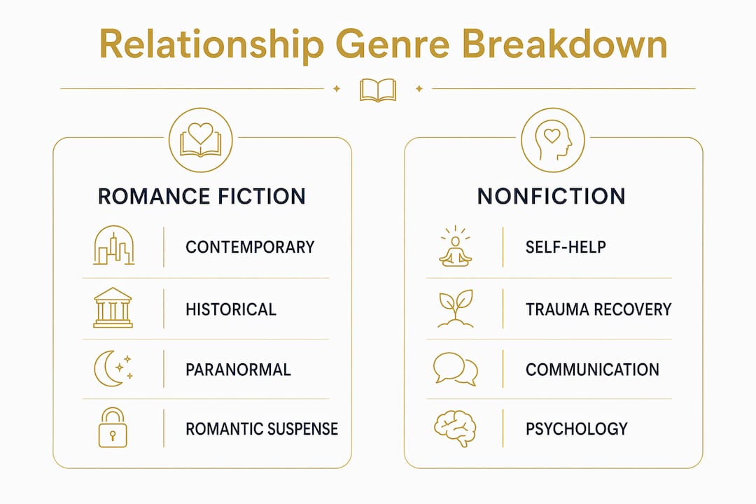 Infographic comparing romance fiction and nonfiction relationship book categories