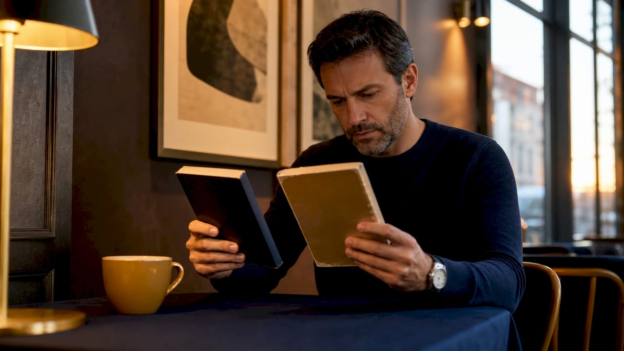 Hands comparing self-help books on desk