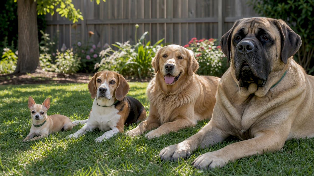 Four dogs of various breeds and sizes lined up indoors