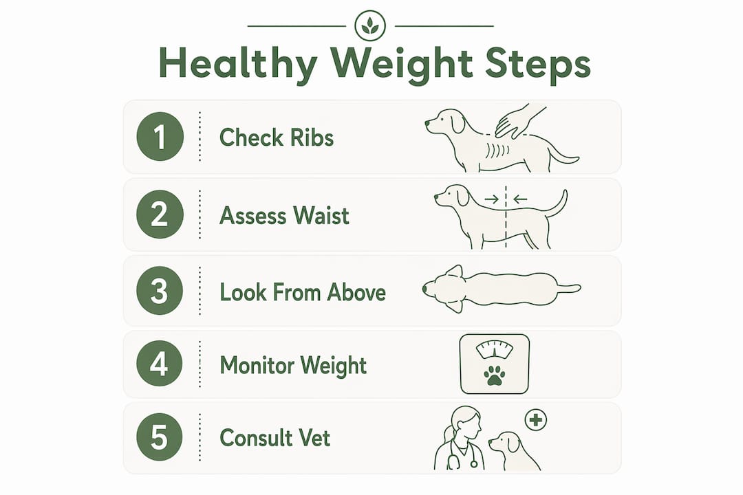 Infographic illustrating steps to check healthy dog weight