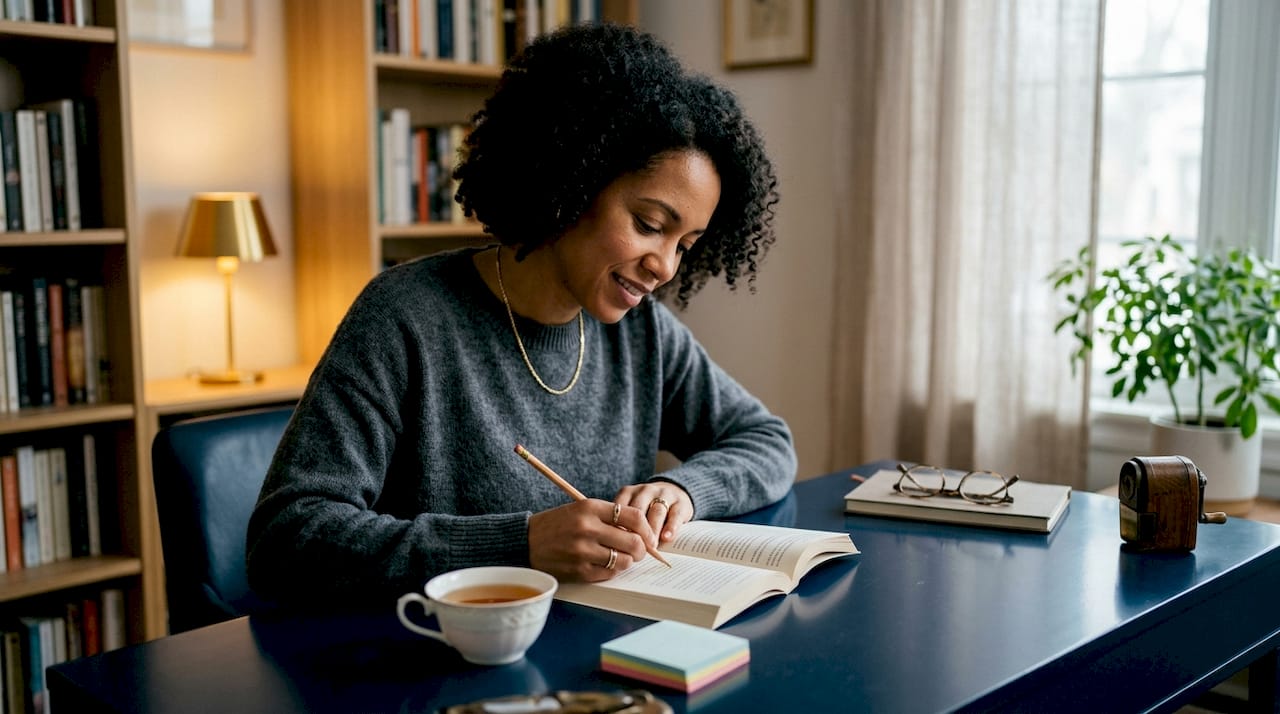 Hands marking text in book with pencil in café