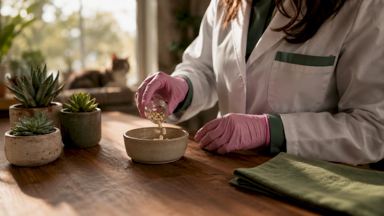 Veterinarian preparing taurine supplements for cats