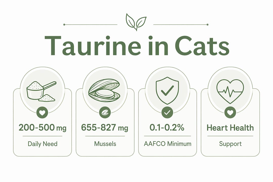 Infographic showing taurine requirements and sources for cats