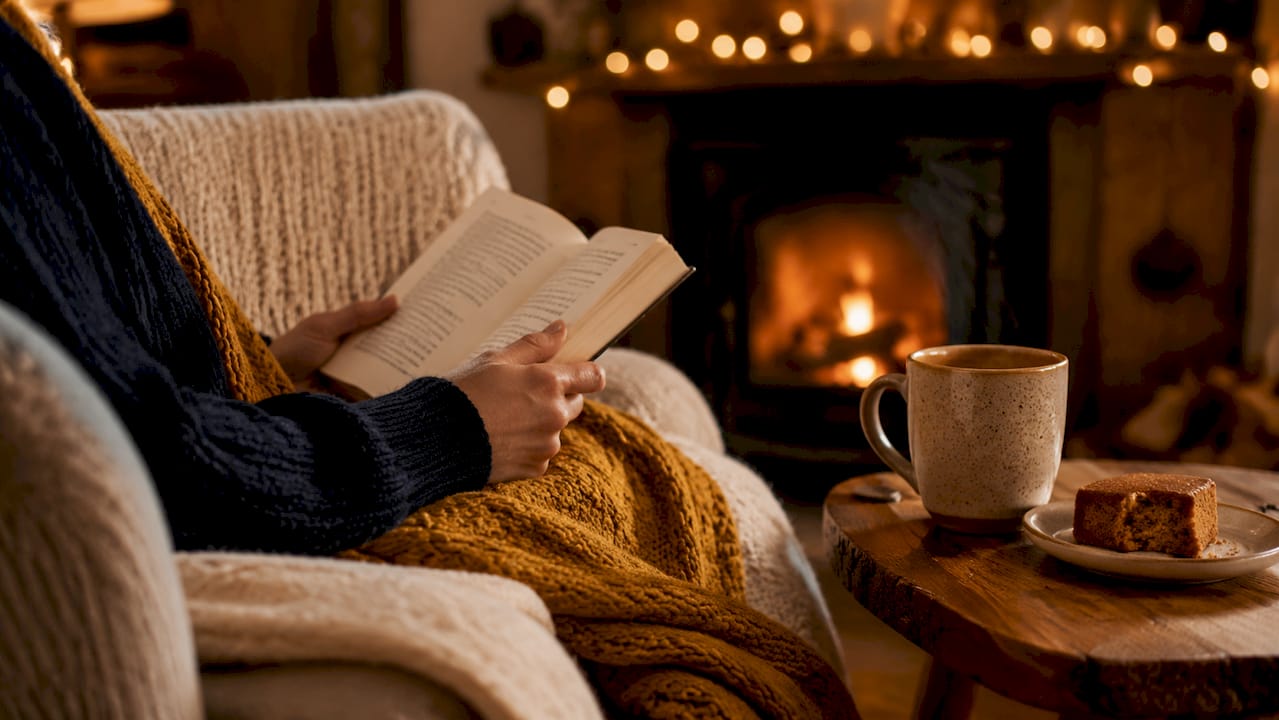 Hands holding book with cozy winter setting